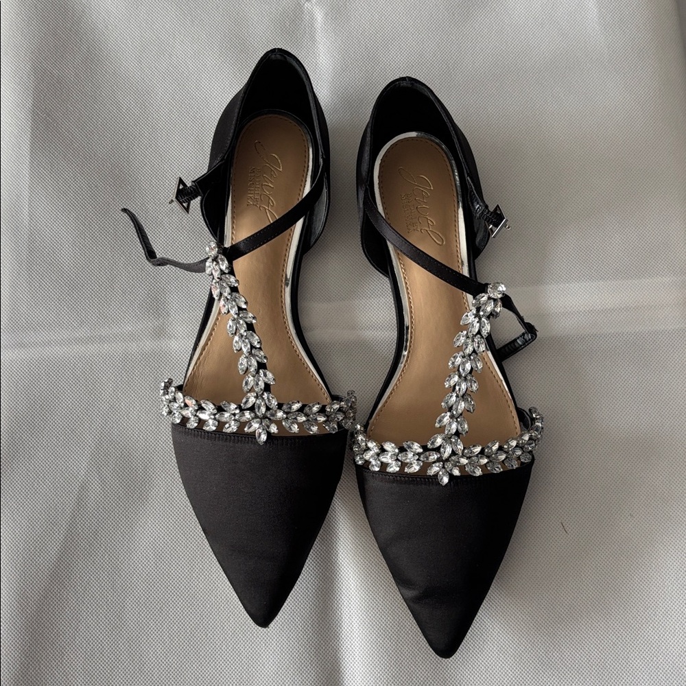 Jewel by Badgley Mischka Black Satin Pointed Flats with Rhinestone Straps